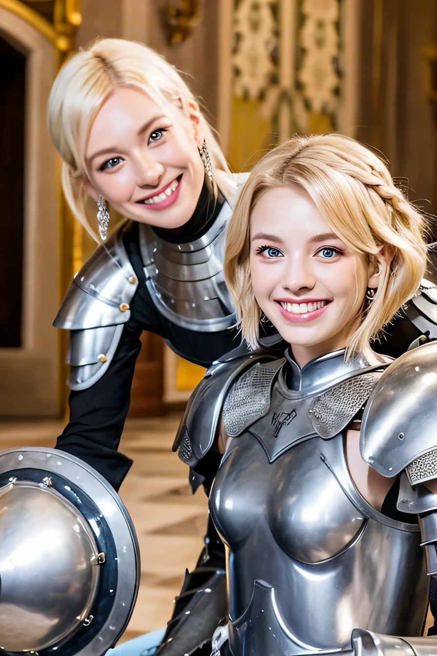 highest quality、8k、female knight、The background is a room in a castle.、Luxurious Silver Armor、smile、beautiful teeth、full body photo、hairstyle short cut、ear piercing、white woman、blonde hair、blue eyes、Gummy Smile、、heavy makeup、