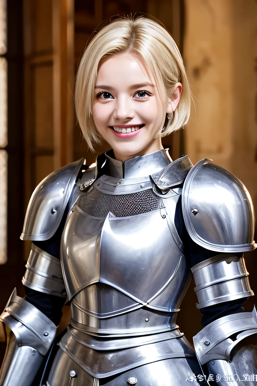 highest quality、８ｋ、female knight、The background is a room in a castle.、Luxurious Silver Armor、smile、beautiful teeth、full body photo、hairstyle short cut、ear piercing、white woman、blonde hair、blue eyes、Gummy Smile、、heavy makeup、