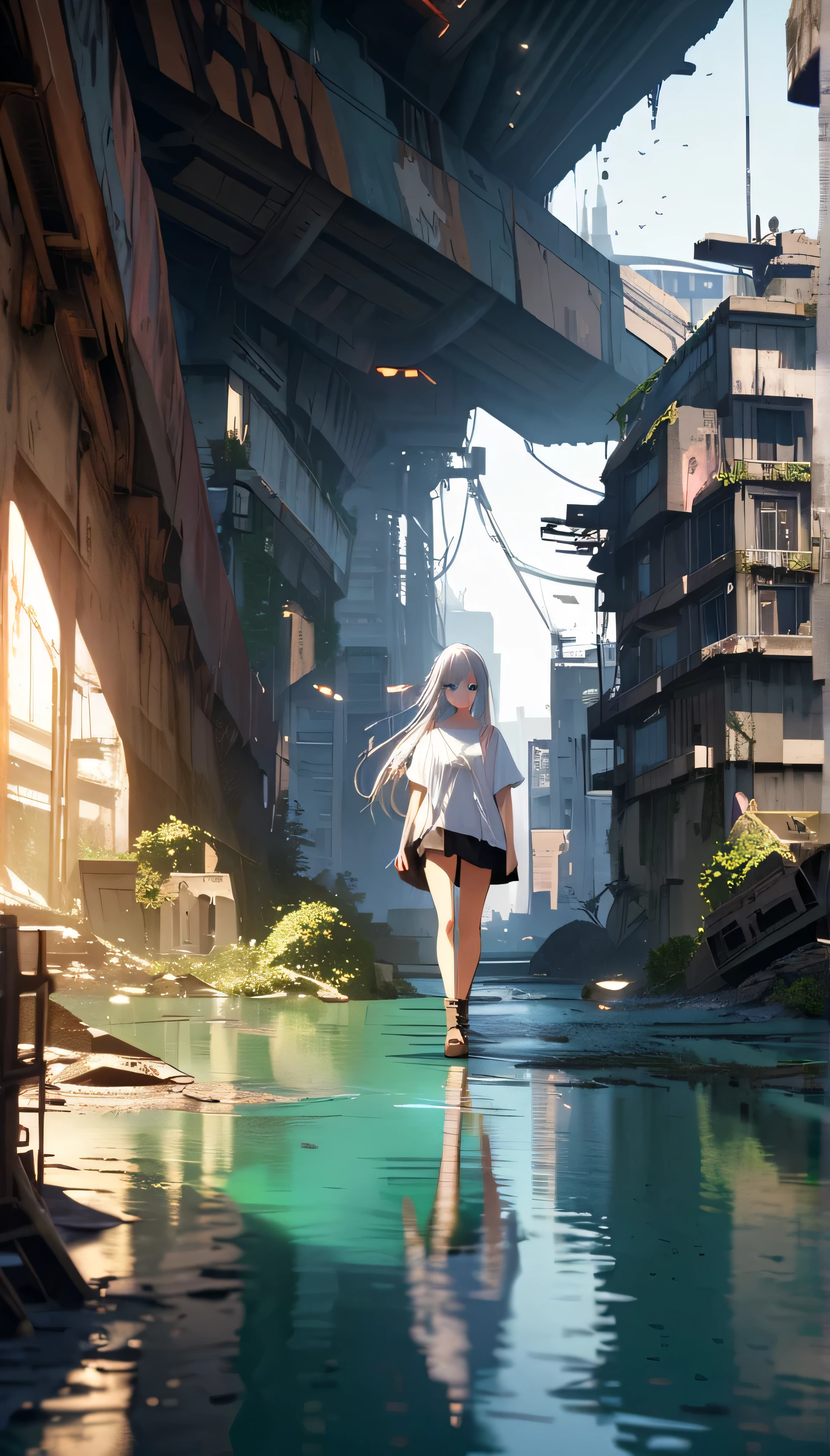 ((Masterpiece. 4K. Extremely detailed cg. Full HD. Super detailed. Best quality. Girl looking viewer. Pretty face girl. anime girl walking on water, beautiful girl. Long hair. Silver hair. Beautiful Aqua eyes. White T - shirt oversized.)) beautiful anime scene, post apocalypse  city. overgrowth, walking on top of a tiny city, beautiful anime scenery, post apocalyptic, octane render, hd anime cityscape