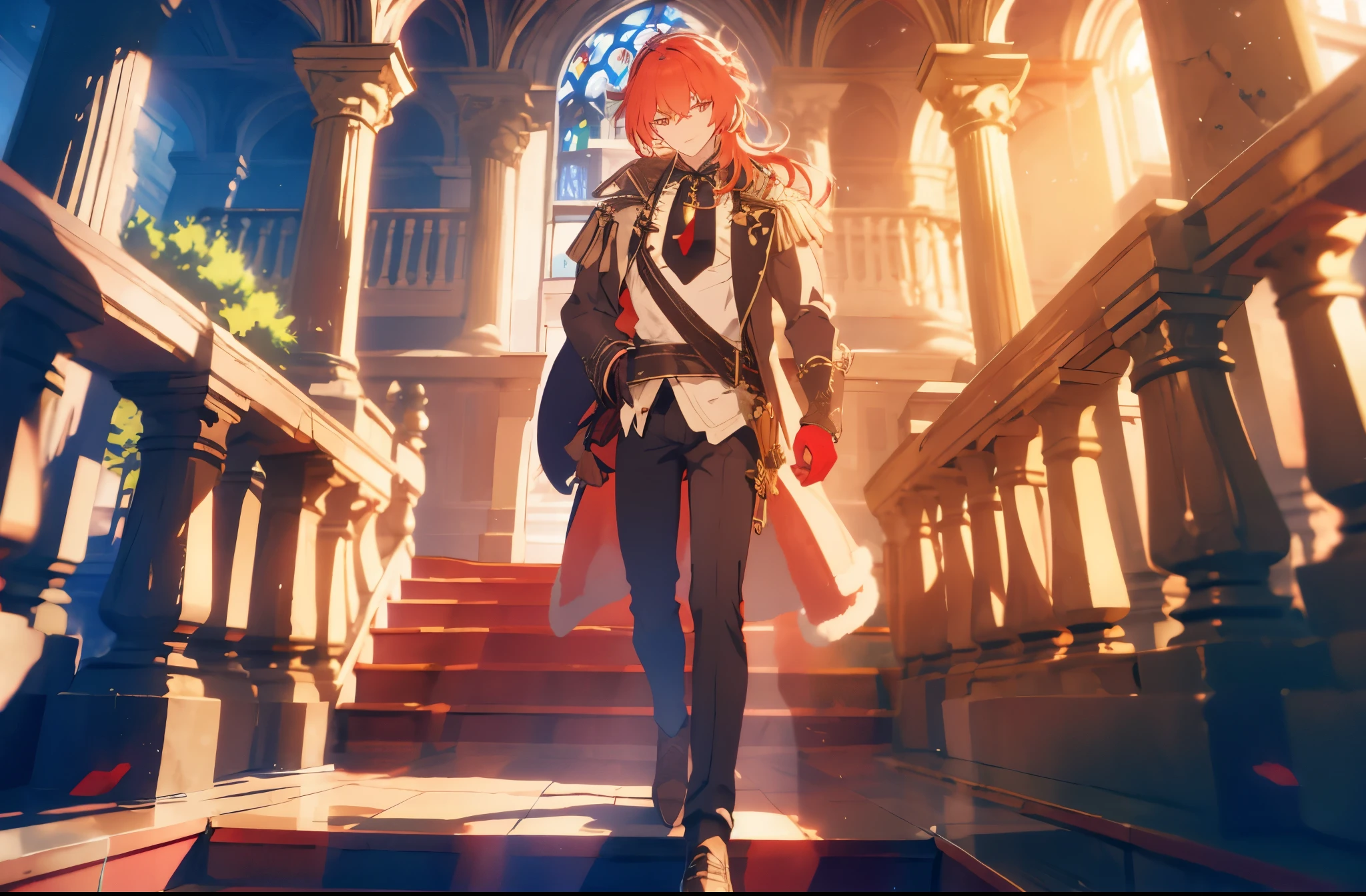 ((Best quality)), ((masterpiece)), (detailed), ((perfect face)) 1 male solo, mature, handsome, tall muscular guy, broad shoulders, diluc (genshin impact), red hair, brown coat, brown pants, black tie with red crystal, dramatic light, cinematic shot, anime screenshot, outside at night watching stars, walking in the old medieval european castle, castle walls, castle towers, (((fullbody)))