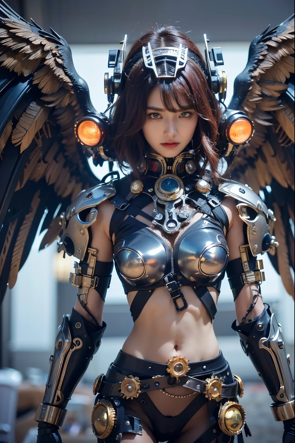 (top-quality:1.2, masterpiece)、ultra high resolution、extremely ultra surrealism, (Photorealsitic:1.4)、Raw photo、(Steampunk Battle Cyborg fallen angel)、large wings made of metal、black porcelain body、red  hair、glowy skin、1 Cyborg girl、(mechanical frame:1.3)japanese, extremely cute face,  ((super realistic details))、portrait、globalillumination、Shadow、octan render、8K、ultrasharp、character edge light、Details of complex ornaments、Acrylic Clear Cover、Sumerian details、Hydraulic cylinder、Small LED lamp、highly intricate detail、Realistic light、a purple eye、radiant eyes、Facing the camera、neon details、cowboy  shot、Futuristic headgear、About Cyberpunk