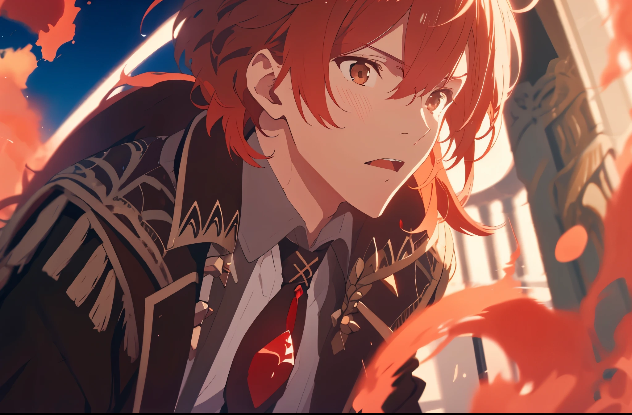 ((Best quality)), ((masterpiece)), (detailed),  ((perfect face)) 1 male solo, mature, handsome, tall muscular guy, broad shoulders, diluc (genshin impact), red hair, brown coat, brown pants, black tie with red crystal, dramatic light, cinematic shot, anime screenshot, fire swirls