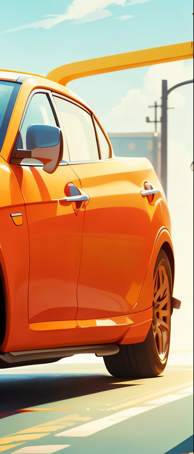 Cartoon car with open doors driving along the road with sky background, 程式化的number插图, Super detailed image, 插图clear details, background artwork, low detail. number, High detail illustration, ultra-precise detail, Eye-catching and detailed art style, vehicle illustration, Close-up pictures, business illustration, incredible hd detail, clear details, Close up shot