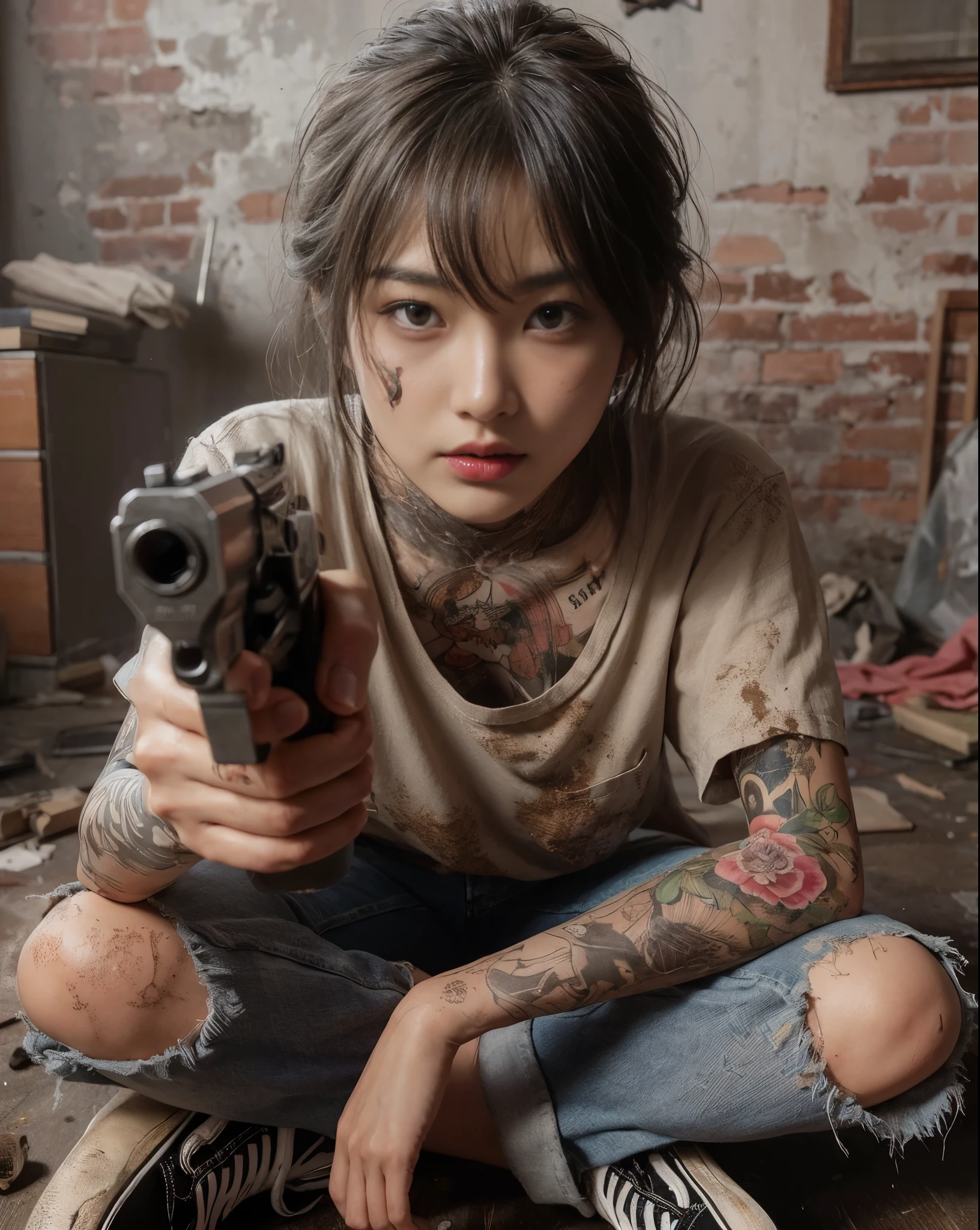 ８K,realistic photo、realistic skin texture、A beautiful Japanese woman living in America stands guard, holding a small revolver in her right hand.、Dirty and torn oversizedＴshirt、 Dirty Vans sneakers、hideout、A room in an old apartment、broken furniture、Bricks and rubble、face、Dynamic action pose、cool composition、tattoo、Part of a team of Guardians who protect the community、German Shepherds sitting together