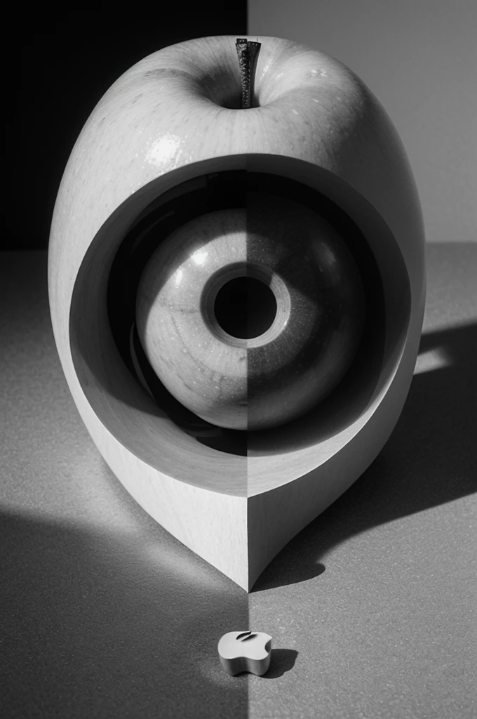 half of an apple in the isometric style of M.C. Escher, hypnotic, geometrically impossible, black and white in the style of opi by m.c. escher,