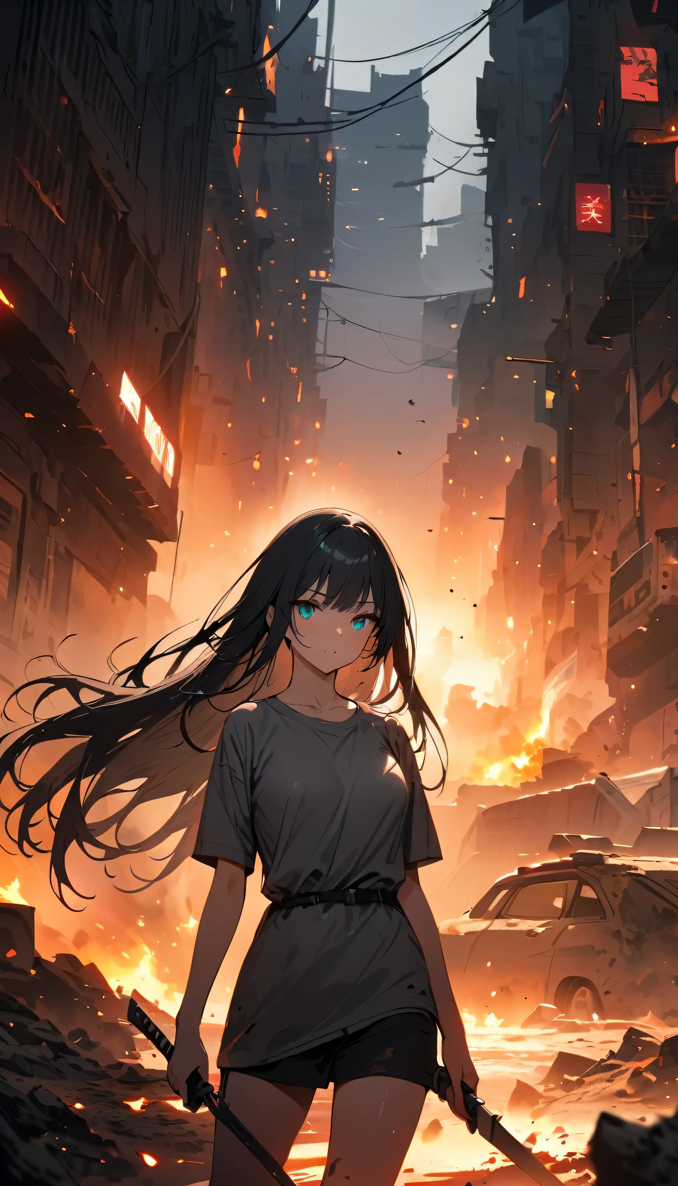 Resolution full, best quality, masterpiece, full HD, foggy theme, super detailed, beautiful girl. 1girl. Black hair, long hair. Bangs.  detailed beautiful Aqua eyes, grey T - shirt. in wasteland, in burning city, holding glowing sword, shadows surroundings girl, has a lighting power