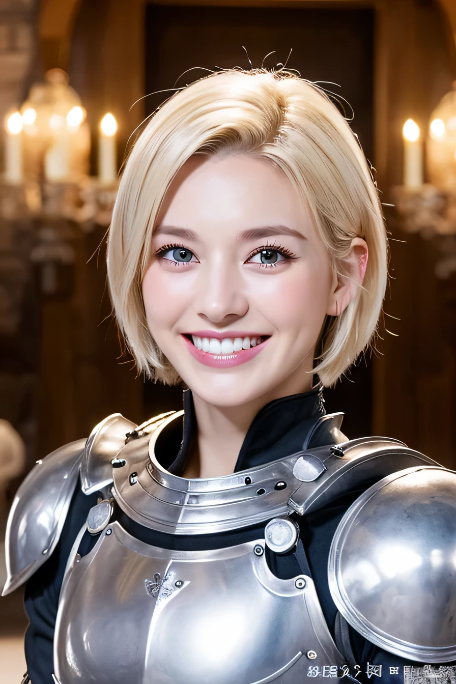 highest quality、8k、female knight、The background is a room in a castle.、Luxurious Silver Armor、smile、beautiful teeth、full body photo、hairstyle short cut、ear piercing、white woman、blonde hair、blue eyes、Gummy Smile、、heavy makeup、