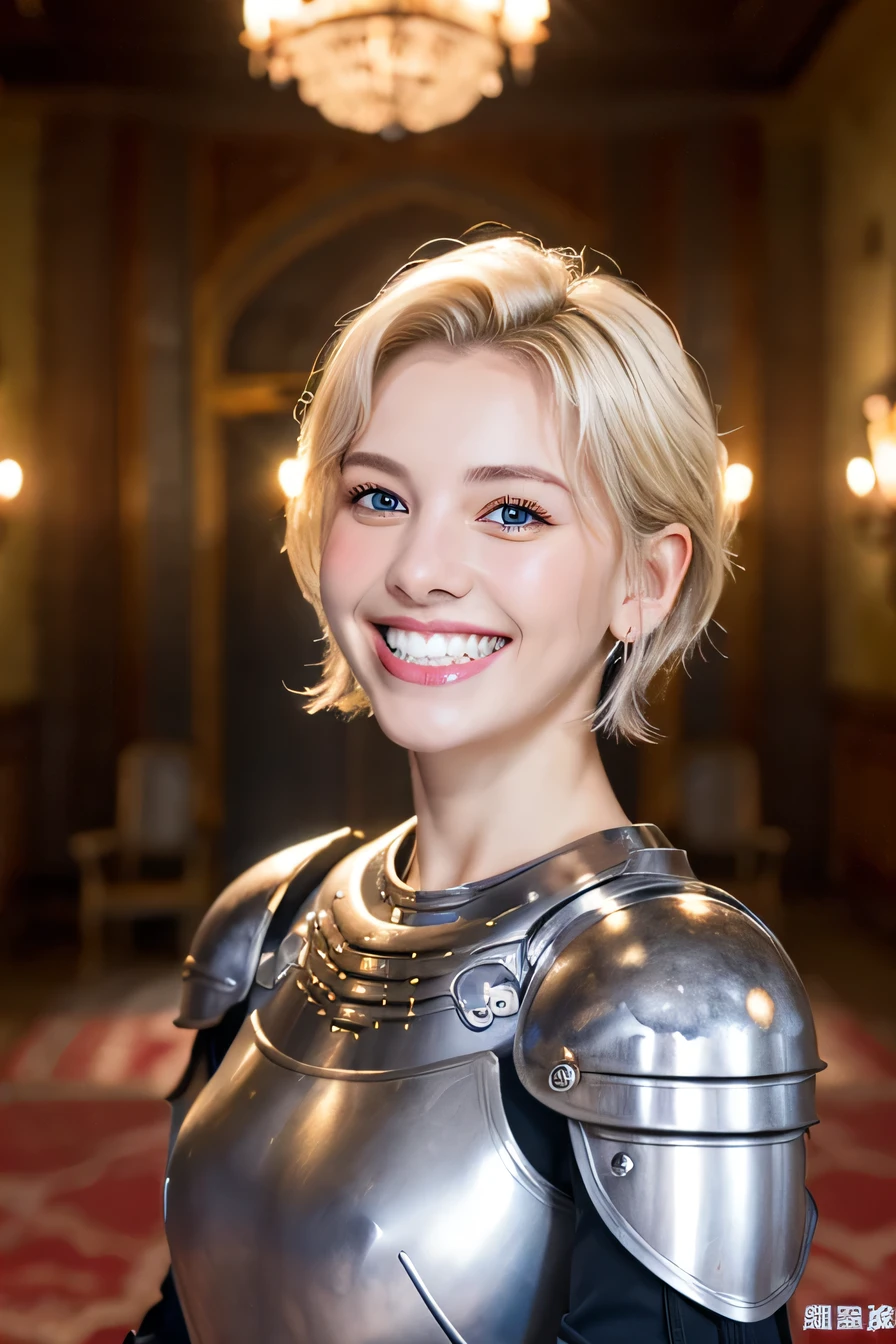 highest quality、８ｋ、female knight、The background is a room in a castle.、Luxurious Silver Armor、smile、beautiful teeth、full body photo、hairstyle short cut、ear piercing、white woman、blonde hair、blue eyes、Gummy Smile、、heavy makeup、