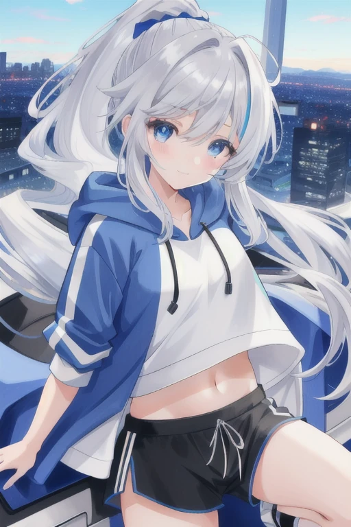 a beautiful cute anime girl, tomboy girl, long silver hair, pony tail, blue eyes, white crop top hoodie, black training pants, 8k, city(hd view), high details, sweet girl, high resolution, hd, sweet little smile