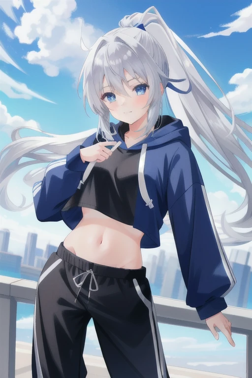 a beautiful cute anime girl, tomboy girl, long silver hair, pony tail, blue eyes, white crop top hoodie, black training pants, 8k, city(hd view), high details, sweet girl, high resolution, hd, sweet little smile