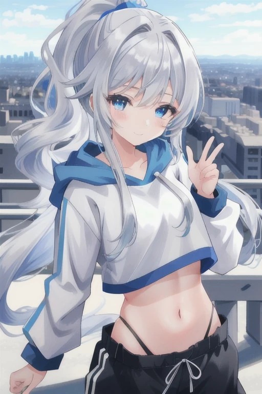 a beautiful cute anime girl, tomboy girl, long silver hair, pony tail, blue eyes, white crop top hoodie, black training pants, 8k, city(hd view), high details, sweet girl, high resolution, hd, sweet little smile