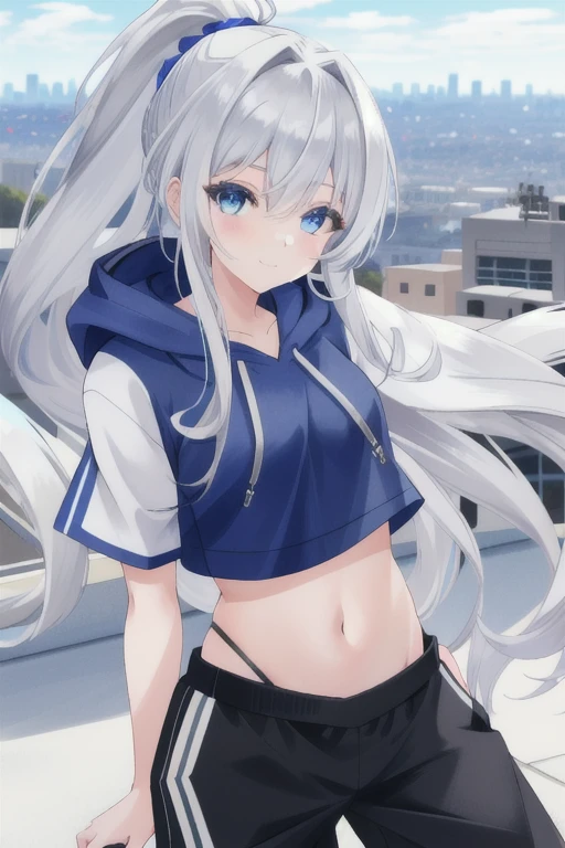 a beautiful cute anime girl, tomboy girl, long silver hair, pony tail, blue eyes, white crop top hoodie, black training pants, 8k, city(hd view), high details, sweet girl, high resolution, hd, sweet little smile