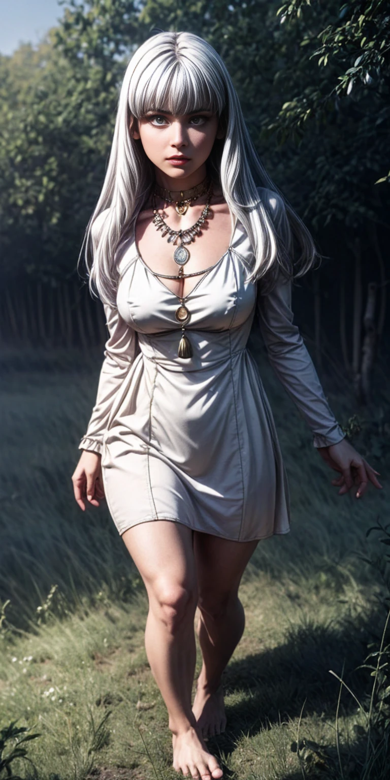 A female knight with Shield known as the Queen's Shield, best quality, masterpiece, white hair, gold eyes, white clothes, looking up but full body, full body, white silk dress with deep cleavage, bare feet, amber necklace, red lips, seductive gaze, volumetric lighting, realistic, meadow background, thick thighs, muscular body, jewelry, realistic, raw, analog, woman, photorealistic, analog, realism