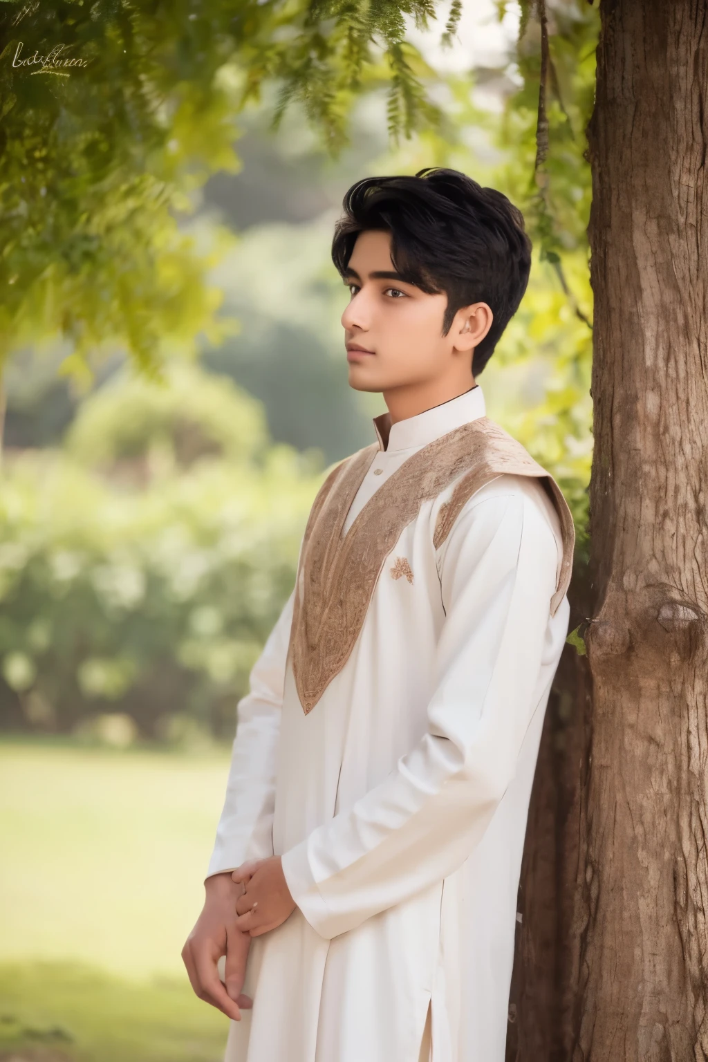 create a unique and aesthetic (profile picture) of 18 year boy wearing shalwar kameez with blure background