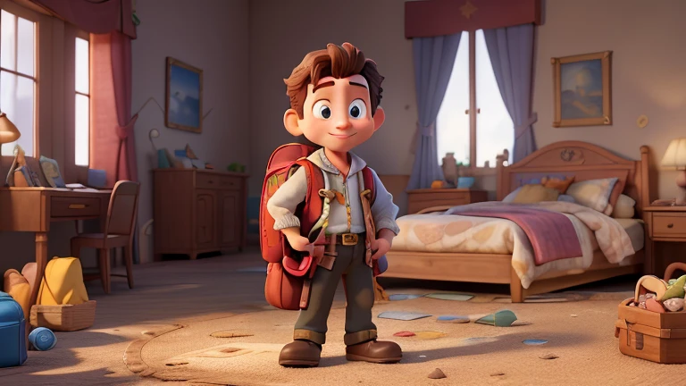 ((best quality)), ((masterpiece)), (detailed), perfect face Disney, 3D cartoon, 8K, vibrant, majestic, Palace bedroom, Prince Leo happily gathering items for his adventure. Show him with his backpack open and surrounded by various objects. Include things like a map, compass, snacks, and a water bottle. 