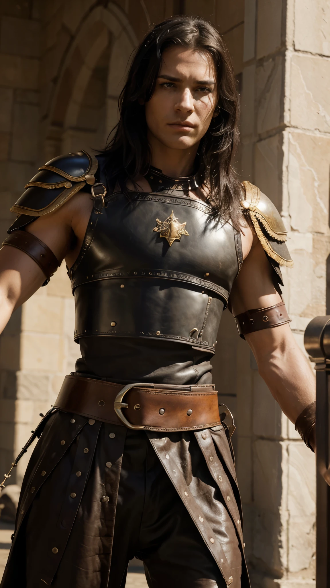 (masterpiece, high quality, best quality), beautiful, hd, realistic, perfect lighting, detailed face, detailed body, Visualize Alexander's response, "To the strongest," and the reactions of his generals, signaling the start of a power struggle., black hair, blue eyes, short black hair, brown and worn gladiator leather clothing gladiator style: 1.4), leather breastplate, gladiator style, man