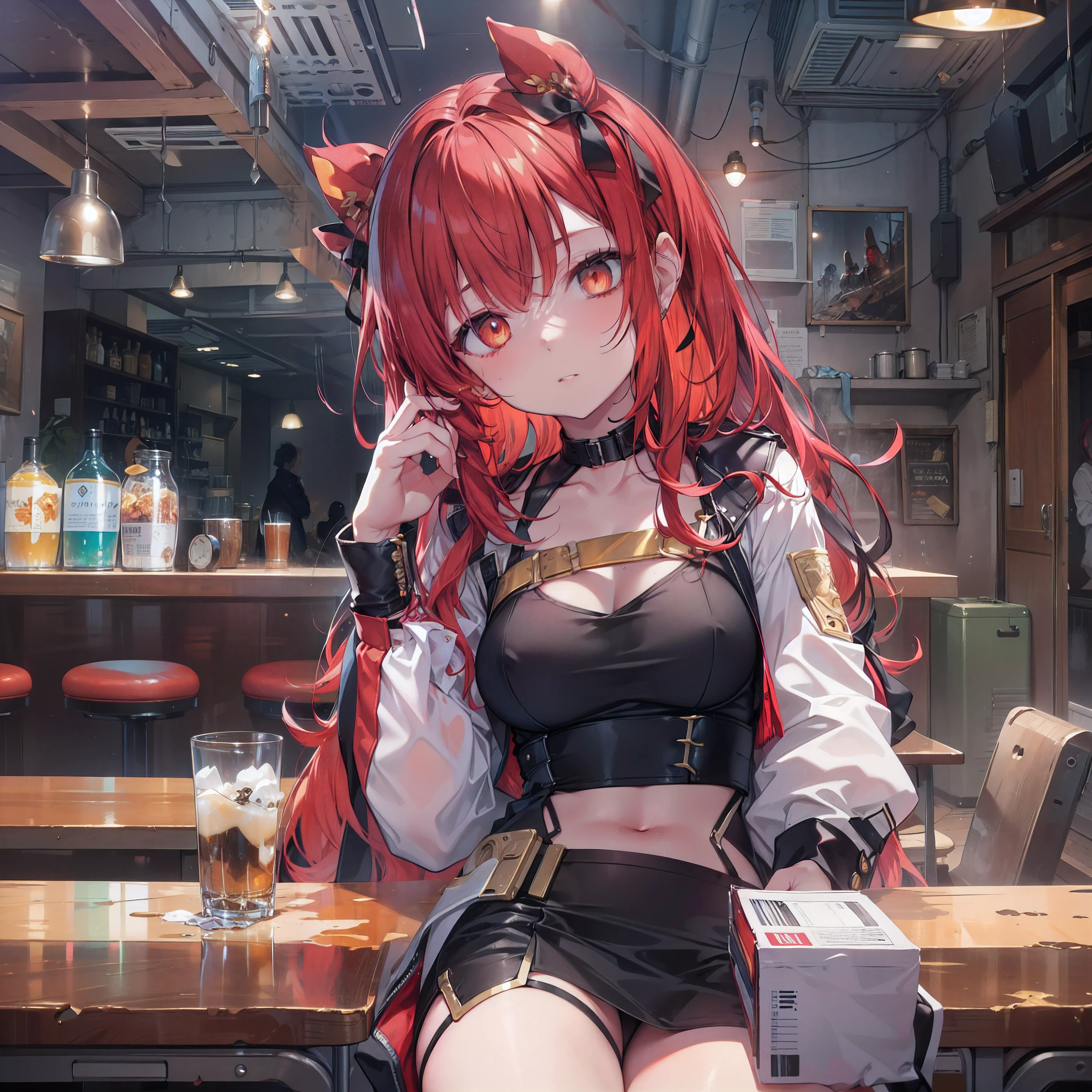 ((masterpiece, best quality, ultra-detailed, an extremely delicate and beautiful)), ((CG)), (award winning, ccurate, UHD, textured skin, chromatic aberration, perfect anatomy, Fujicolor), ((((postapocalypse)))), 1  girl sitting on the chair in the pub, (young syster taste), small breast, slender body, (black straight hair with red inner color), (gold eyes), a red hair ribbon, wearing black coat, ((rape eyes)), having many troubles