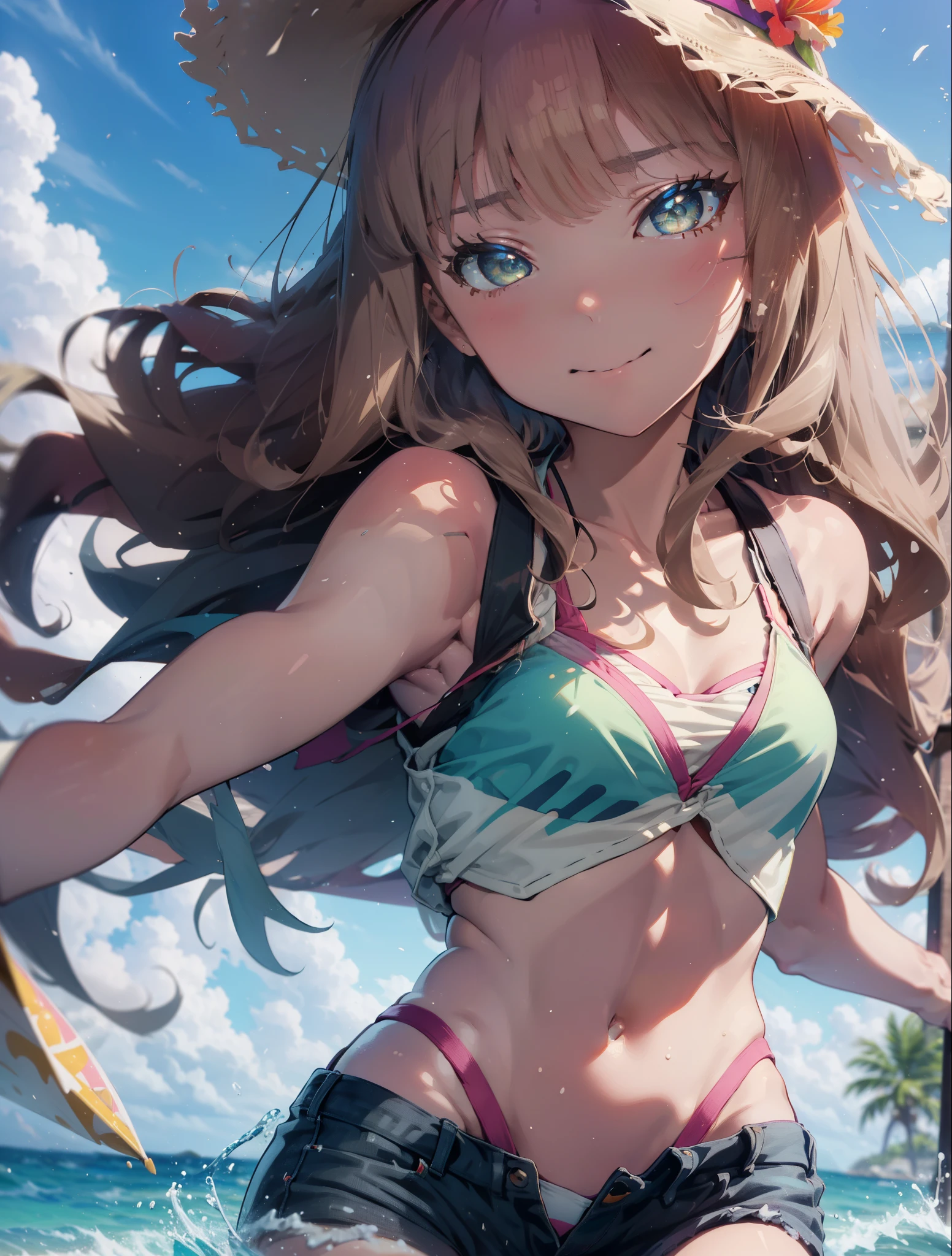 Tropical Dream Bud,Tropical Dream Bud sss Dynazenon ,brown hair,long hair,green eyes,big straw hat,smile,blush,hibiscus hair ornament,blue bikini swimsuit,barefoot,ビーチのsandy beachを散歩しながら,Sky blue hair fluttering in the wind,(cowboy shot:1. 5)
rest outdoors, sandy beach,seaside, (masterpiece:1.2), highest quality, High resolution, unity 8k wallpaper, (shape:0.8), (thin and beautiful eyes:1.6), highly detailed face, perfect lighting, Very detailed CG, (perfect hands, perfect anatomy),