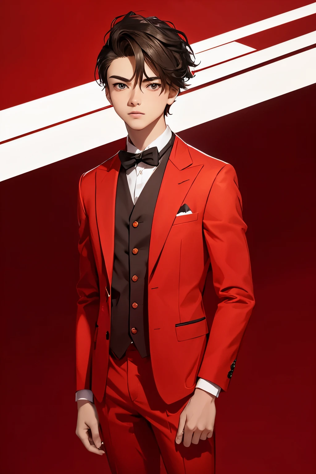create a unique and aesthetic (profile picture) of 18 year boy wearing red suit with blure background