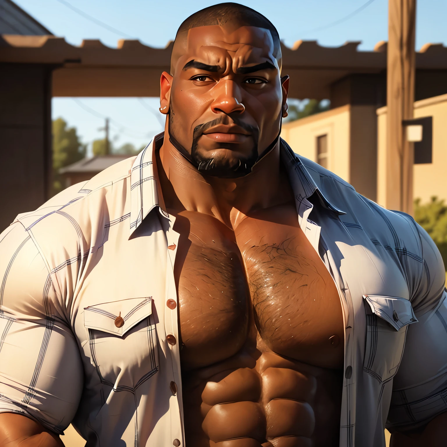an exaggeratedly muscular and large bodyguard, beefy build, beard, dark-skinned african american male, buzzcut hair with square line, surprised expression, (wearing unbuttoned plaid shirt: 1.2), school team logo, (bara pecs: 1.3), (arm and chest hair: 1.1), close-up portrait HD, (outside ranch)