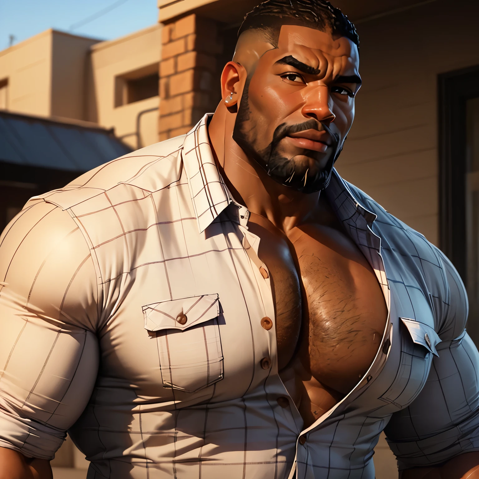 an exaggeratedly muscular and large bodyguard, beefy build, beard, dark-skinned african american male, buzzcut hair with square line, surprised expression, (wearing unbuttoned plaid shirt: 1.2), school team logo, (bara pecs: 1.3), (arm and chest hair: 1.1), close-up portrait HD, (outside ranch)