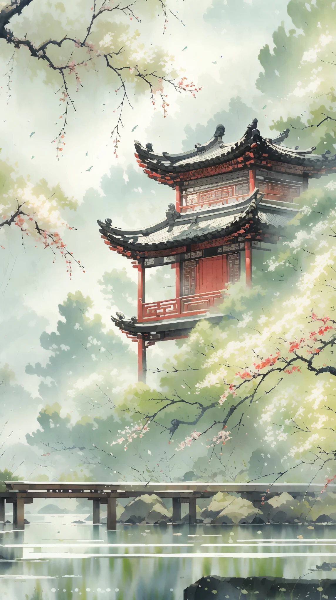 ancient style illustration chinese watercolor landscape painting watercolor willow river summer chinese landscape bare tree branch day flower leaf no human outdoors overgrown plants landscape tree tree water, masterpiece, recent quality, best details, beauty