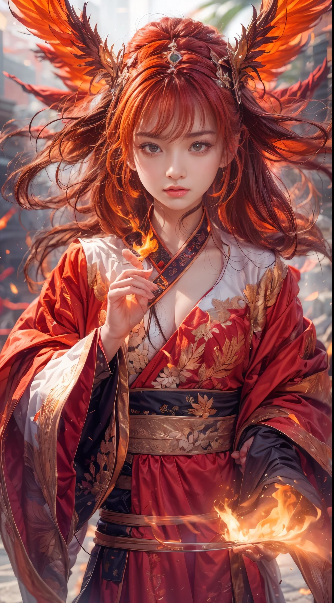 (full body portrait), (close up) ,1 girl，korean girl, , Fire mage wearing fiery red clothes（Chinese Hanfu），The robe is embroidered with intricate runes，Decorated with a burning scent。He was tall and strong，Raise your hand，Powerful fire spells are being unleashed, His eyes are firm and sharp，A fire flashed in the flame mage&#39;s eyes，（A huge flaming phoenix spreads its wings and flies：1.2),（Phoenix feathers burn with blazing flames), it sparkles，Its body is surrounded by flame feathers，Dancing，Forming a spectacular flame hexagonal star array pattern，Full of mysterious magic，The whole scene is full of fiery aura and passion for fighting，Large fire spells bloom in the air，A brilliant arc of flames and splashing sparks form，（Fire Mage and Phoenix），Look majestic and mysterious in the raging fire，Like the embodiment of fire and magic，Red hair，high detail，Surrealism，realism，（（Half-length photo）），（real picture：1.4），（chiaroscuro），movie lighting，Realistic special effects，Render by Octane，Ray tracing，panoramic，perspective，textured skin，Ultra-detailed，ultra high definition，masterpiece，anatomically correct，best quality，high resolution，8K