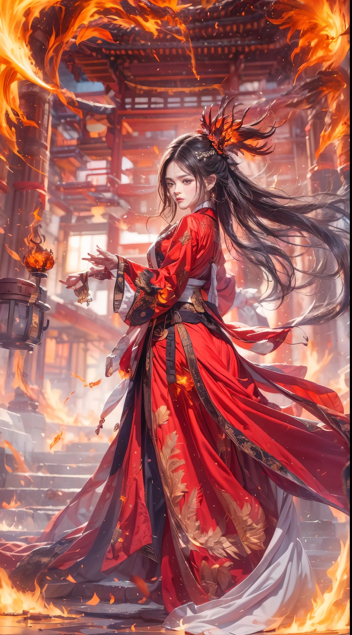 (full body portrait), (close up) ,1 girl,korean girl, 17 years old, Fire mage wearing fiery red clothes(Chinese Hanfu),The robe is embroidered with intricate runes,Decorated with a burning scent。He was tall and strong,Raise your hand,Powerful fire spells are being unleashed, His eyes are firm and sharp,A fire flashed in the flame mage's eyes,(A huge flaming phoenix spreads its wings and flies:1.2),(Phoenix feathers burn with blazing flames), it sparkles,Its body is surrounded by flame feathers,Dancing,Forming a spectacular flame hexagonal star array pattern,Full of mysterious magic,The whole scene is full of fiery aura and passion for fighting,Large fire spells bloom in the air,A brilliant arc of flames and splashing sparks form,(Fire Mage and Phoenix),Look majestic and mysterious in the raging fire,Like the embodiment of fire and magic,Red hair,high detail,Surrealism,realism,((Half-length photo)),(real picture:1.4),(chiaroscuro),movie lighting,Realistic special effects,Render by Octane,Ray tracing,panoramic,perspective,textured skin,Ultra-detailed,ultra high definition,masterpiece,anatomically correct,best quality,high resolution,8K