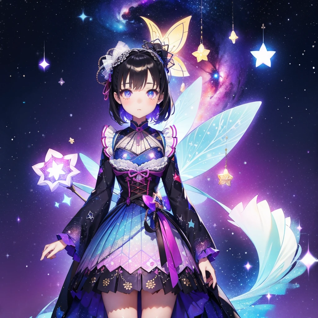 1girl、vtuber-fullbody、Star Fairy、「A beautifully printed galaxy patterned kimono and gothic ****ta outfit.、Space pattern box pleated mini skirt with ruffles、Front full body portrait、enchanting eyes、Perfect and stunning face、exquisite details、clear image、highest quality。」short hair、