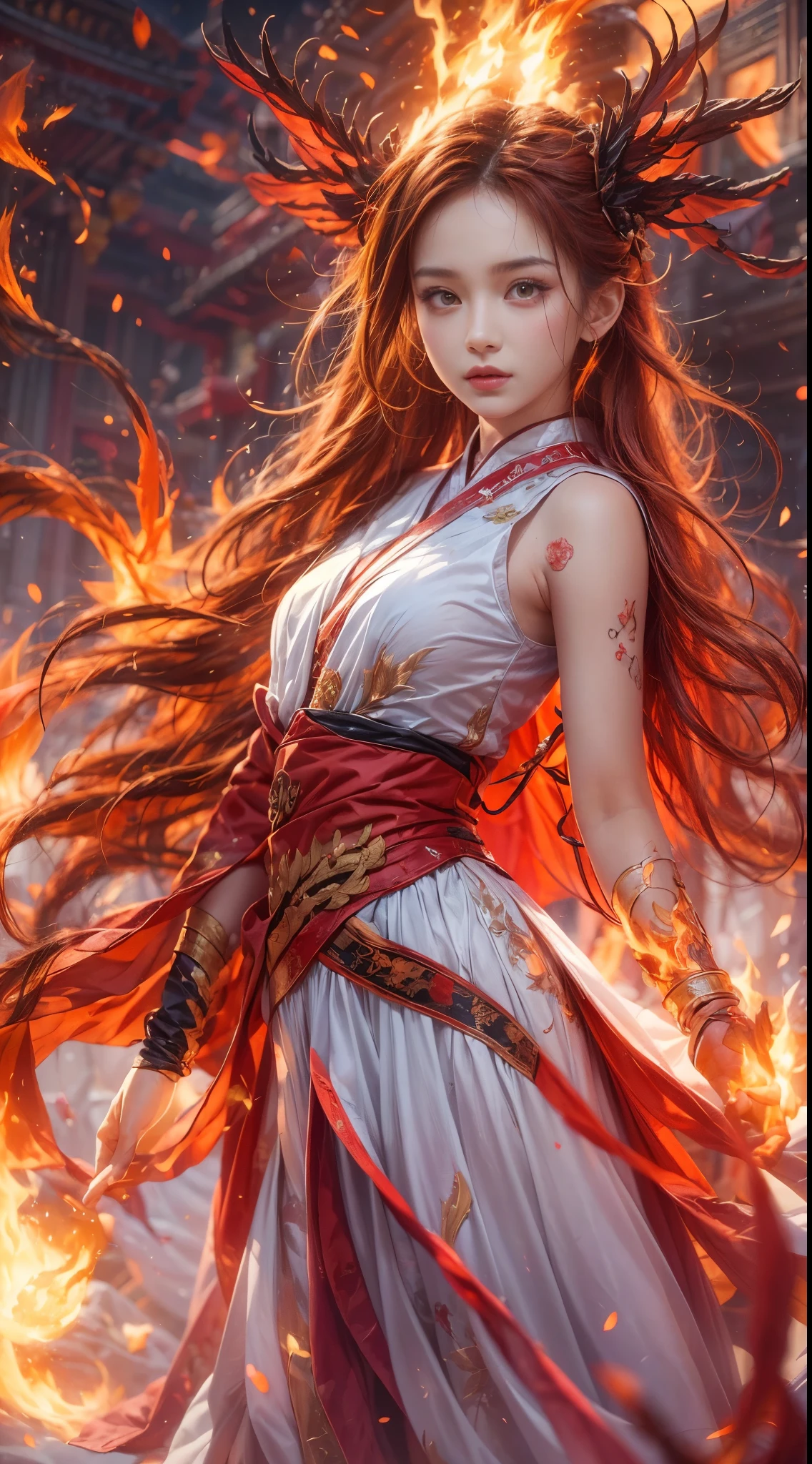 (full body portrait), (close up) ,1 girl,korean girl, , Fire mage wearing fiery red clothes(Chinese Hanfu),The robe is embroidered with intricate runes,Decorated with a burning scent。He was tall and strong,Raise your hand,Powerful fire spells are being unleashed, His eyes are firm and sharp,A fire flashed in the flame mage's eyes,(A huge flaming phoenix spreads its wings and flies:1.2),(Phoenix feathers burn with blazing flames), it sparkles,Its body is surrounded by flame feathers,Dancing,Forming a spectacular flame hexagonal star array pattern,Full of mysterious magic,The whole scene is full of fiery aura and passion for fighting,Large fire spells bloom in the air,A brilliant arc of flames and splashing sparks form,(Fire Mage and Phoenix),Look majestic and mysterious in the raging fire,Like the embodiment of fire and magic,Red hair,high detail,Surrealism,realism,((Half-length photo)),(real picture:1.4),(chiaroscuro),movie lighting,Realistic special effects,Render by Octane,Ray tracing,panoramic,perspective,textured skin,Ultra-detailed,ultra high definition,masterpiece,anatomically correct,best quality,high resolution,8K