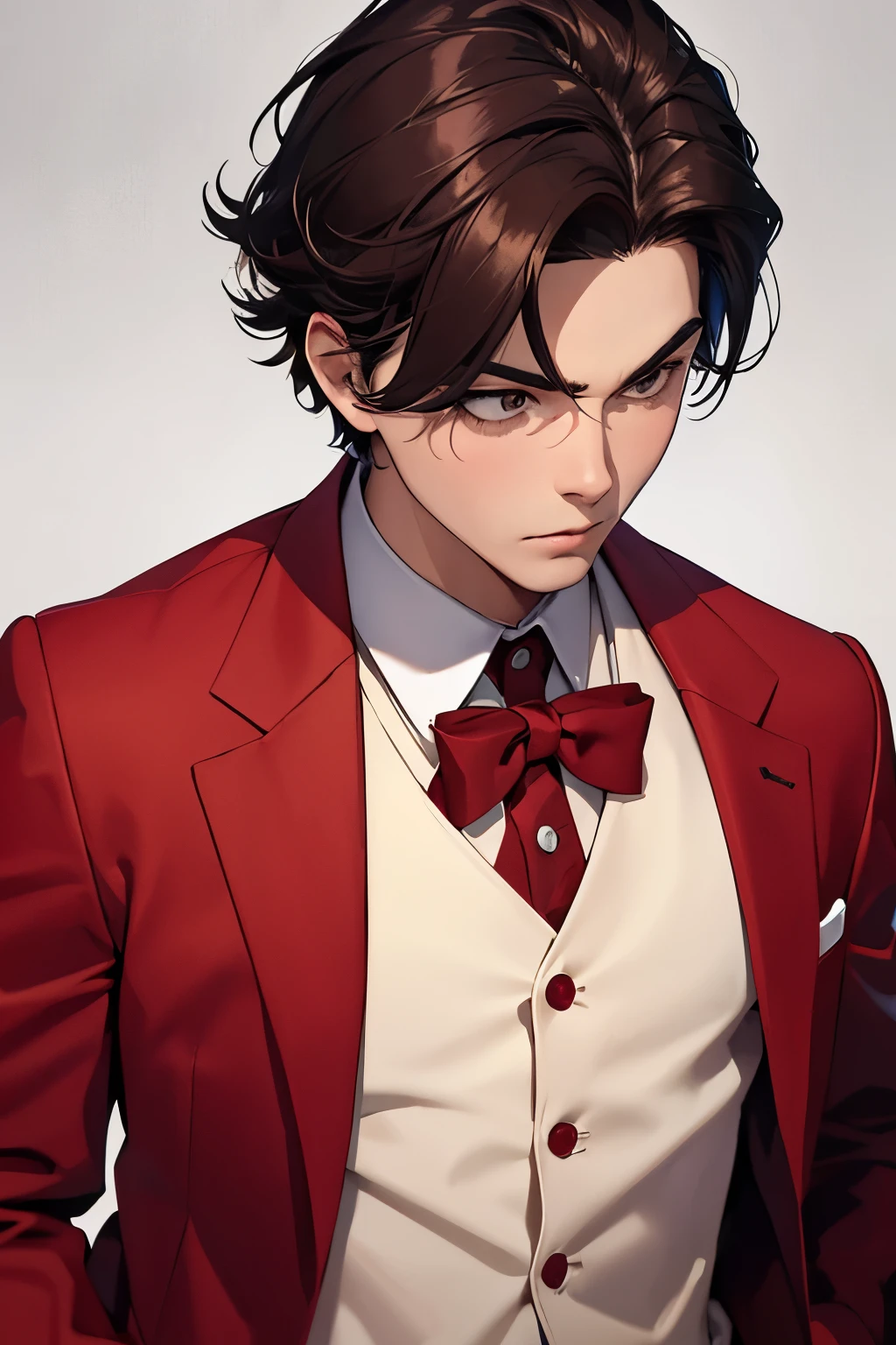 create a unique and aesthetic (profile picture) of 18 year boy wearing red suit with blure background