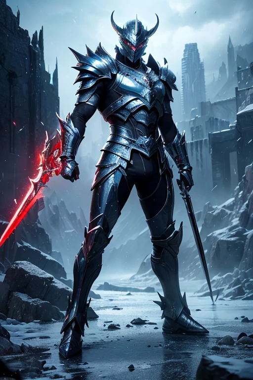 (best quality,4k,8k,highres,masterpiece:1.2),ultra-detailed,(realistic,photorealistic,photo-realistic:1.37),ice warrior,minimal red armor,red eyes,ice blue body,game monster,fierce expression,sharp weapons,icy environment,glowing crystals,large muscular build,battle scars,strong menacing presence,detailed textures,frosty breath,vivid colors,reflective metallic armor,warrior standing tall,ominous atmosphere,menacing aura,dystopian landscape,dark and dramatic lighting,eerie mist,imposing and intimidating stance,ice shards flying,heroic pose,cracked icy ground,hauntingly beautiful,mythical creature,snowflakes falling