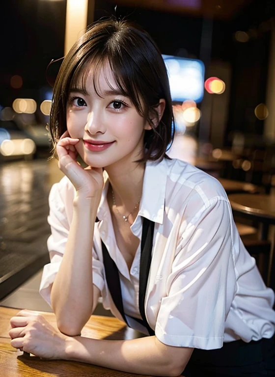 (8K, highest quality, masterpiece:1.2), (realistic, photo-realistic:1.37), Super detailed, 1 girl,cute, alone,beautiful detailed sky,Detailed cafe,night,sitting,date,(blush your nose),(smile:1.15),(closed mouth) small breasts,detailed and beautiful eyes,(collared shirt:1.1), night, Wet,business suit, rain,white lace, (short hair:1.2),Floating hair NovaFrogStyle,