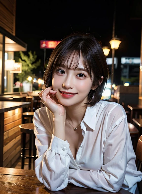 (8K, highest quality, masterpiece:1.2), (realistic, photo-realistic:1.37), Super detailed, 1 girl,cute, alone,beautiful detailed sky,Detailed cafe,night,sitting,date,(blush your nose),(smile:1.15),(closed mouth) small breasts,detailed and beautiful eyes,(collared shirt:1.1), night, Wet,business suit, rain,white lace, (short hair:1.2),Floating hair NovaFrogStyle,