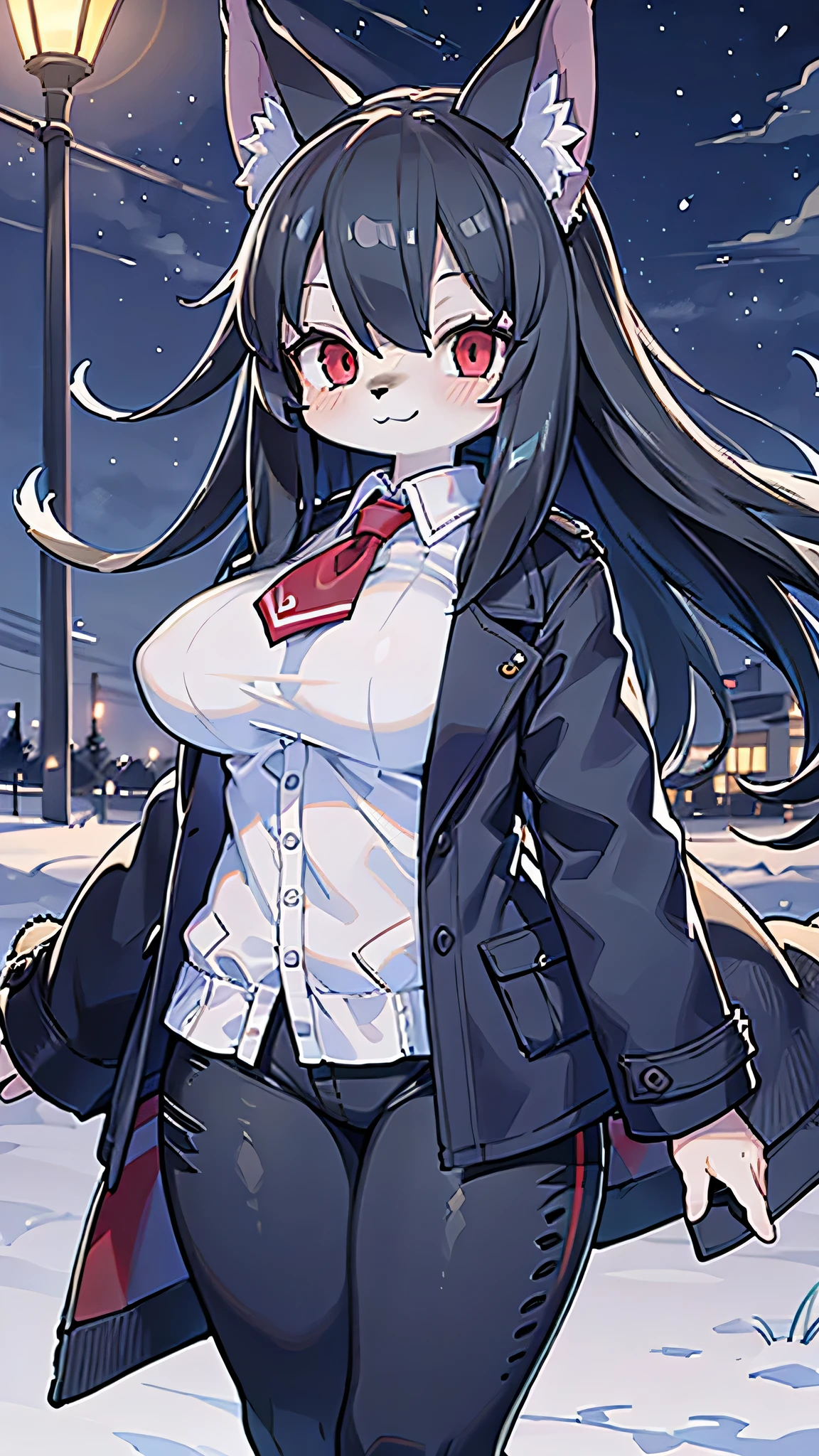 (masterpiece, highest quality), intricate details, 8K, wolf girl, whole body, (1 person), red eyes, big breasts, slender body shape, night, gray fur, long hair, anime, expensive, black hair, Navy Blue Coat, black pants, snowfield, 10th generation, The wind is blowing, fluffy, Hair is flowing, smile,