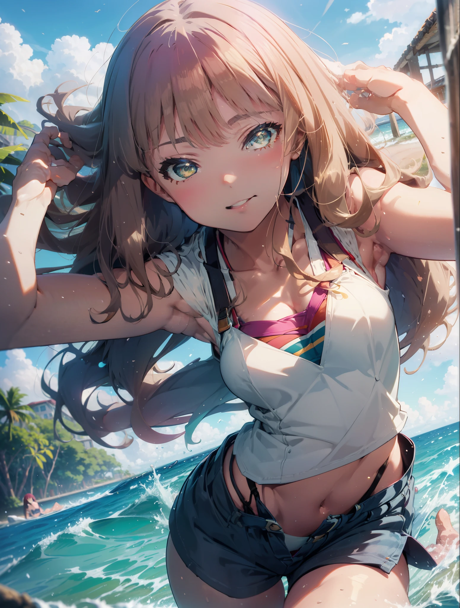 Tropical Dream Bud,Tropical Dream Bud　sss Dynazenon ,brown hair,long hair,green eyes,big straw hat,smile,blush,hibiscus hair ornament,blue bikini swimsuit,barefoot,ビーチのsandy beachを散歩しながら,Sky blue hair fluttering in the wind,(cowboy shot:1. 5)
rest outdoors, sandy beach,seaside, (masterpiece:1.2), highest quality, High resolution, unity 8k wallpaper, (shape:0.8), (thin and beautiful eyes:1.6), highly detailed face, perfect lighting, Very detailed CG, (perfect hands, perfect anatomy),