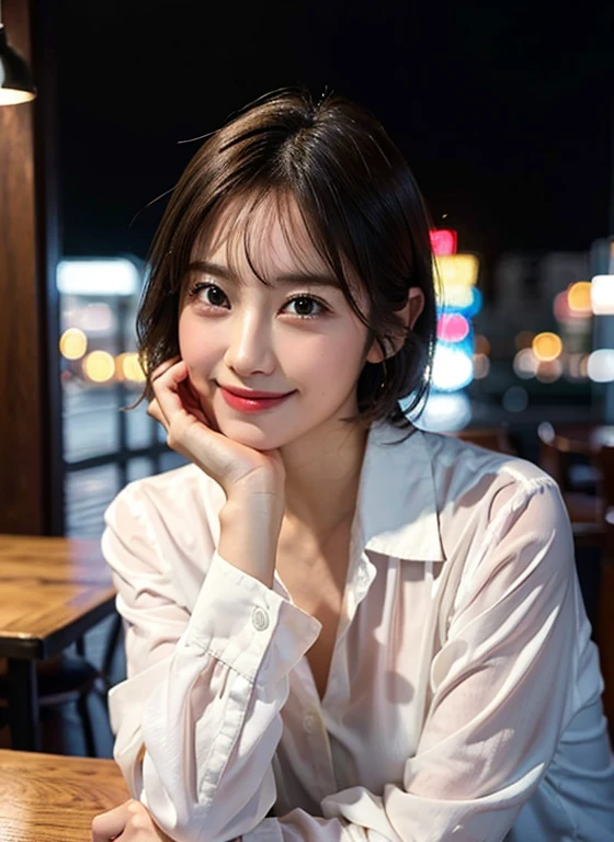 (8K, highest quality, masterpiece:1.2), (realistic, photo-realistic:1.37), Super detailed, 1 girl,cute, alone,beautiful detailed sky,Detailed cafe,night,sitting,date,(blush your nose),(smile:1.15),(closed mouth) small breasts,detailed and beautiful eyes,(collared shirt:1.1), night, Wet,business suit, rain,white lace, (short hair:1.2),Floating hair NovaFrogStyle,