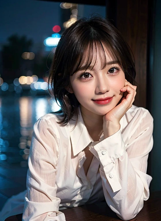 (8K, highest quality, masterpiece:1.2), (realistic, photo-realistic:1.37), Super detailed, 1 girl,cute, alone,beautiful detailed sky,Detailed cafe,night,sitting,date,(blush your nose),(smile:1.15),(closed mouth) small breasts,detailed and beautiful eyes,(collared shirt:1.1), night, Wet,business suit, rain,white lace, (short hair:1.2),Floating hair NovaFrogStyle,