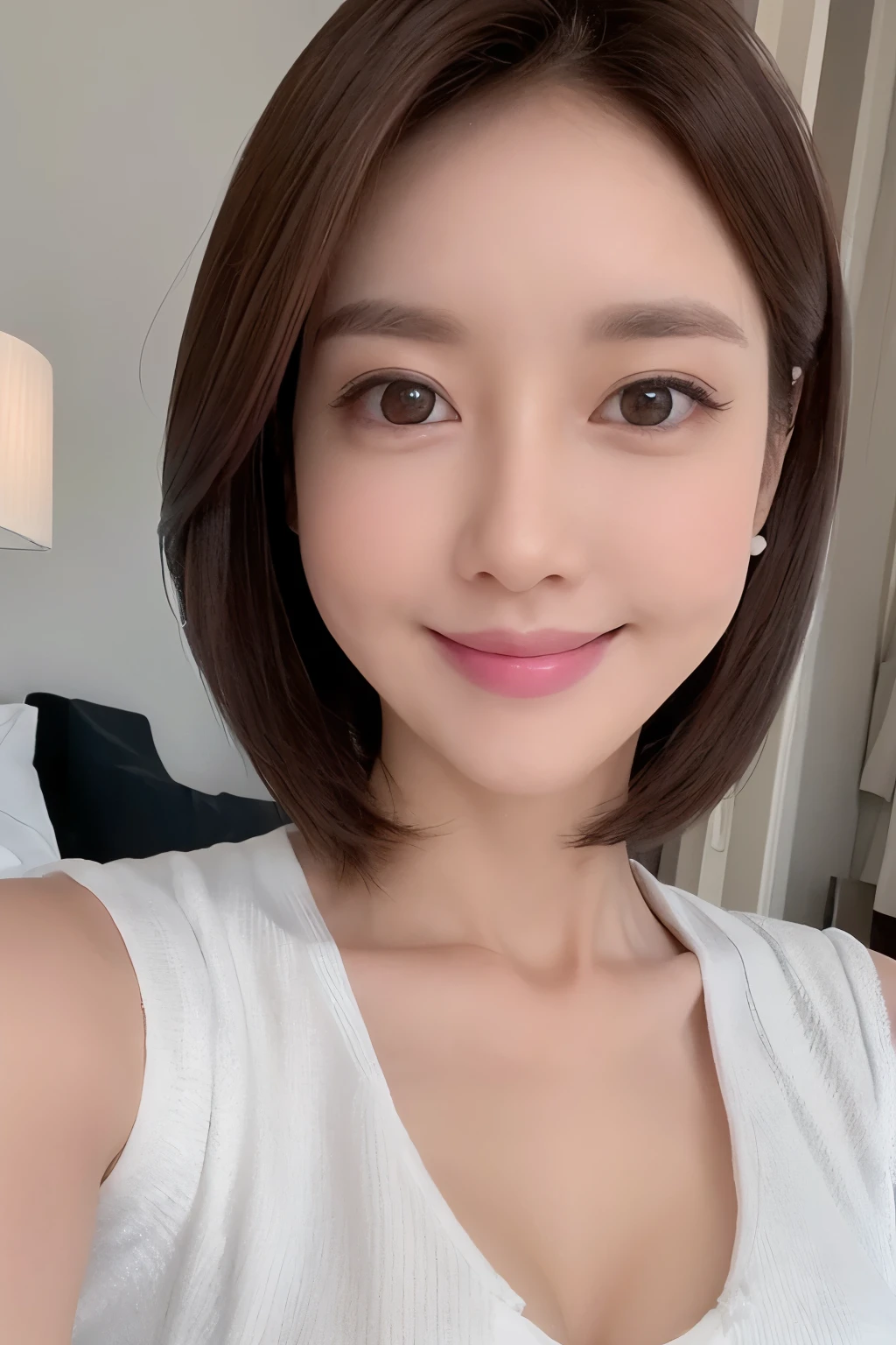 8k,best quality,1girl, in hotel room, smiling:1.3, a close-up,short hair, crystal clear white skin, 