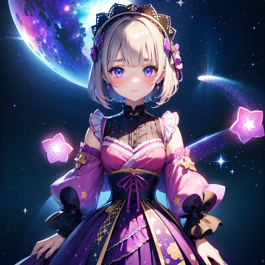 1girl、vtuber-fullbody、Star Fairy、「A beautifully printed galaxy patterned kimono and gothic lolita outfit.、Space pattern box pleated mini skirt with ruffles、Front full body portrait、enchanting eyes、Perfect and stunning face、exquisite details、clear image、highest quality。」short hair、