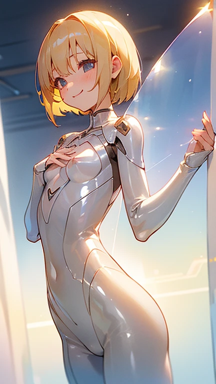 (blonde、girl、short hair、young、、young girl、small breasts、small breasts、smile)(transparent costume、shiny material、Transparent hero suit、Her chest is transparent、Transparent material that allows skin to be seen、thin fabric)(Thin pubic hair、Light pubic hair)NSFW