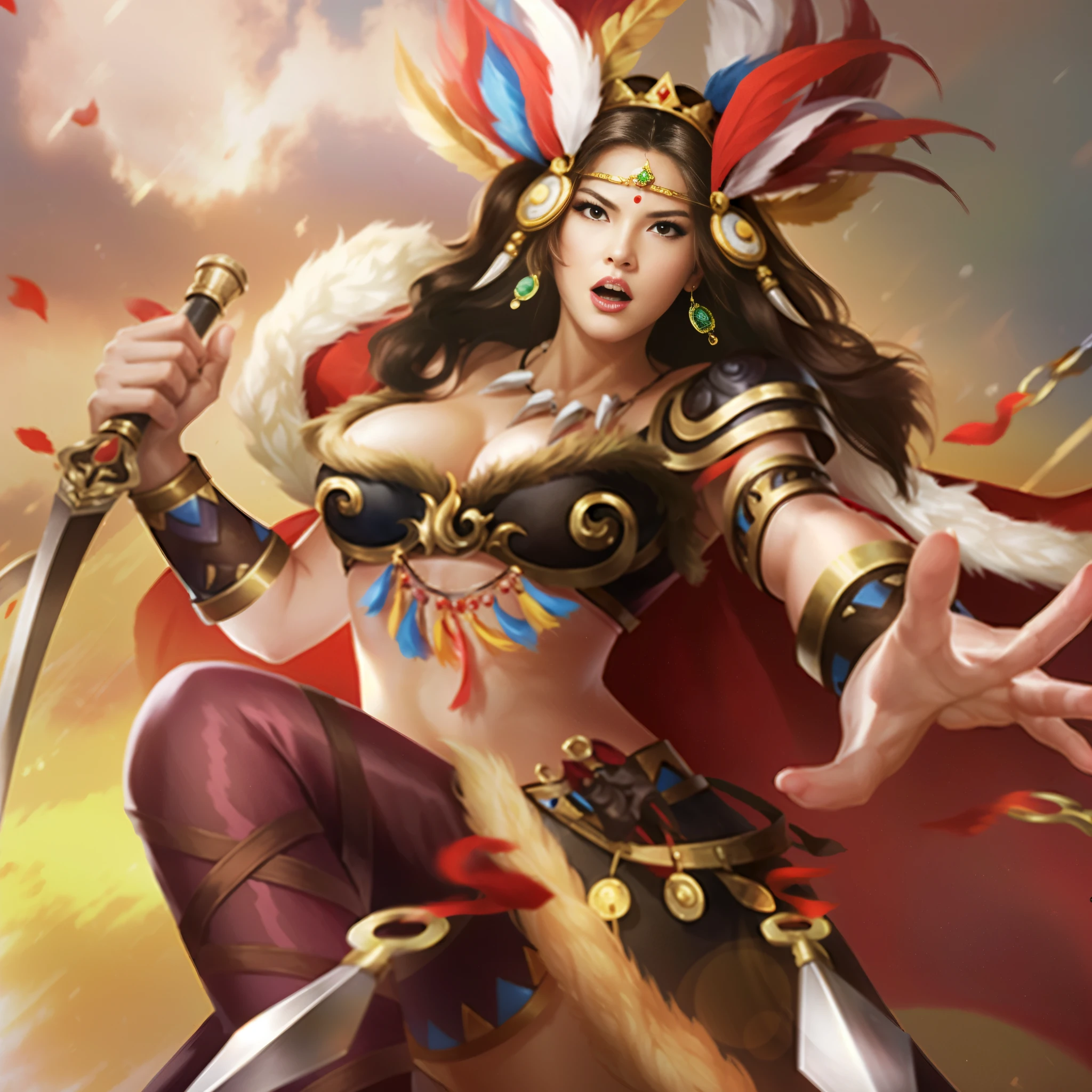 A person in costume、woman holding sword, Portrait of a modern Darna, warrior queen, Inspired by Du Qiong, warrior princess, 美丽的female warrior, Queen of Warriors, female warrior, 《Smite》Nezha in, Samurai Maiden, north female warrior, beautiful fantasy queen, beautiful female warrior, Inspired by Zhu Lian, author：Yang Jie