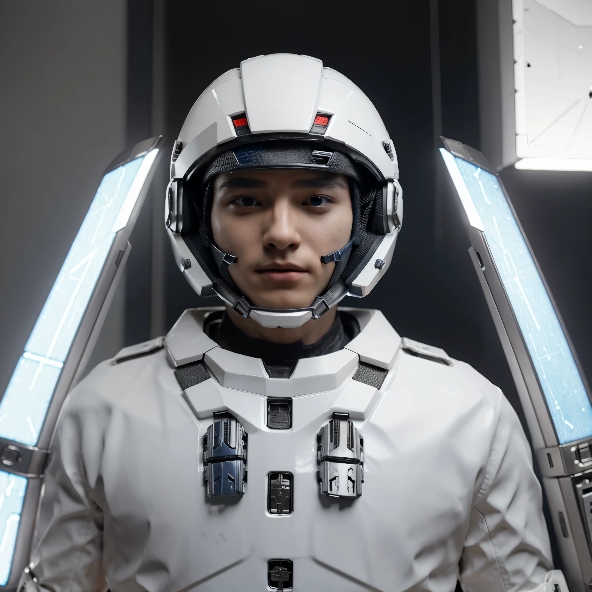 The picture is of a man in white mecha armor with some blue light, wearing a helmet that covers his face with several sharp parts on the edge of the helmet.