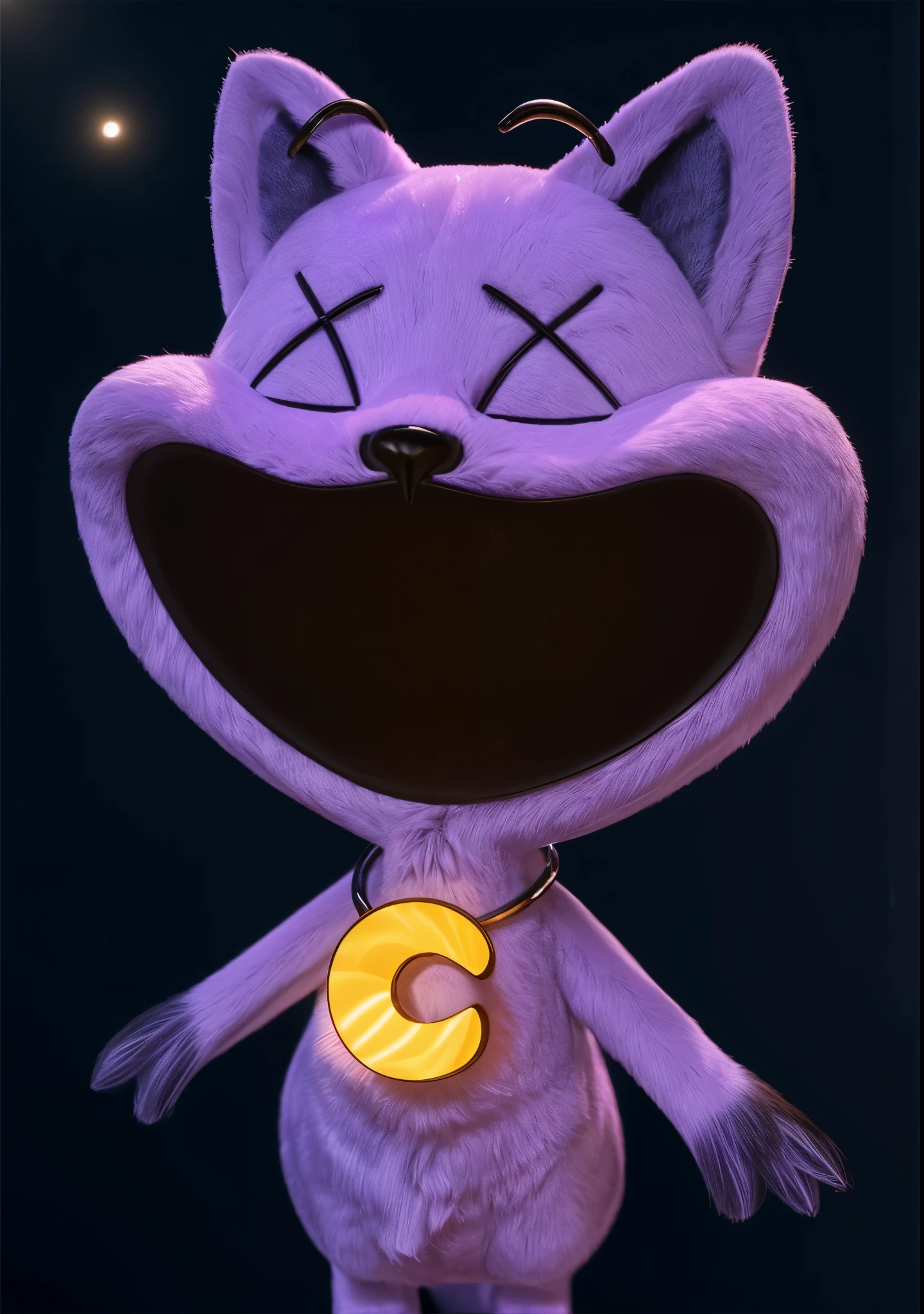 A purple cat with a big smile and the moon around its neck. purple fluffy toy cat. The background is black. violet fur, furry character portrait, purple metal ears, cosplay photo, The background is black. Dog is crying with tears,  orange fur, furry character portrait, purple metal ears, cosplay photo, furry texture, smooth 3d model, toy, multiple light sources, rim light, sharp post effects render, (glossy fur texture with multiple big light probe refractions), perfect cgi, smooth silhouette, high intensity refraction, (super furry material), most beautiful vfx, dark background, fur refractions, realistic, 4k, high resolution, rim light,  photo shoot, commercial photo,  profile shot, 4k, rim light, high resolution, 4k, texture, smooth 3d model, multiple light sources, rim light, sharp post effects render,  cgi art created only with gradients, smooth silhouette, high intensity refraction, (super glossy fur material), most beautiful vfx, rim light, sharp post effects render, perfect cgi, digital art, detailed digital art, reflective, best quality, 4k, masterpiece:1.2, ultra-detailed, realistic, vivid colors, dark and moody lighting, The image of the highest quality, ensuring every detail showcased perfectly. It in 4k resolution, allowing viewers to immerse themselves in the richness of the colors and intricate details. The realistic rendering. under the spotlight, reflecting, high-resolution image, realistic rendering, dark background, and rim light photorealistic