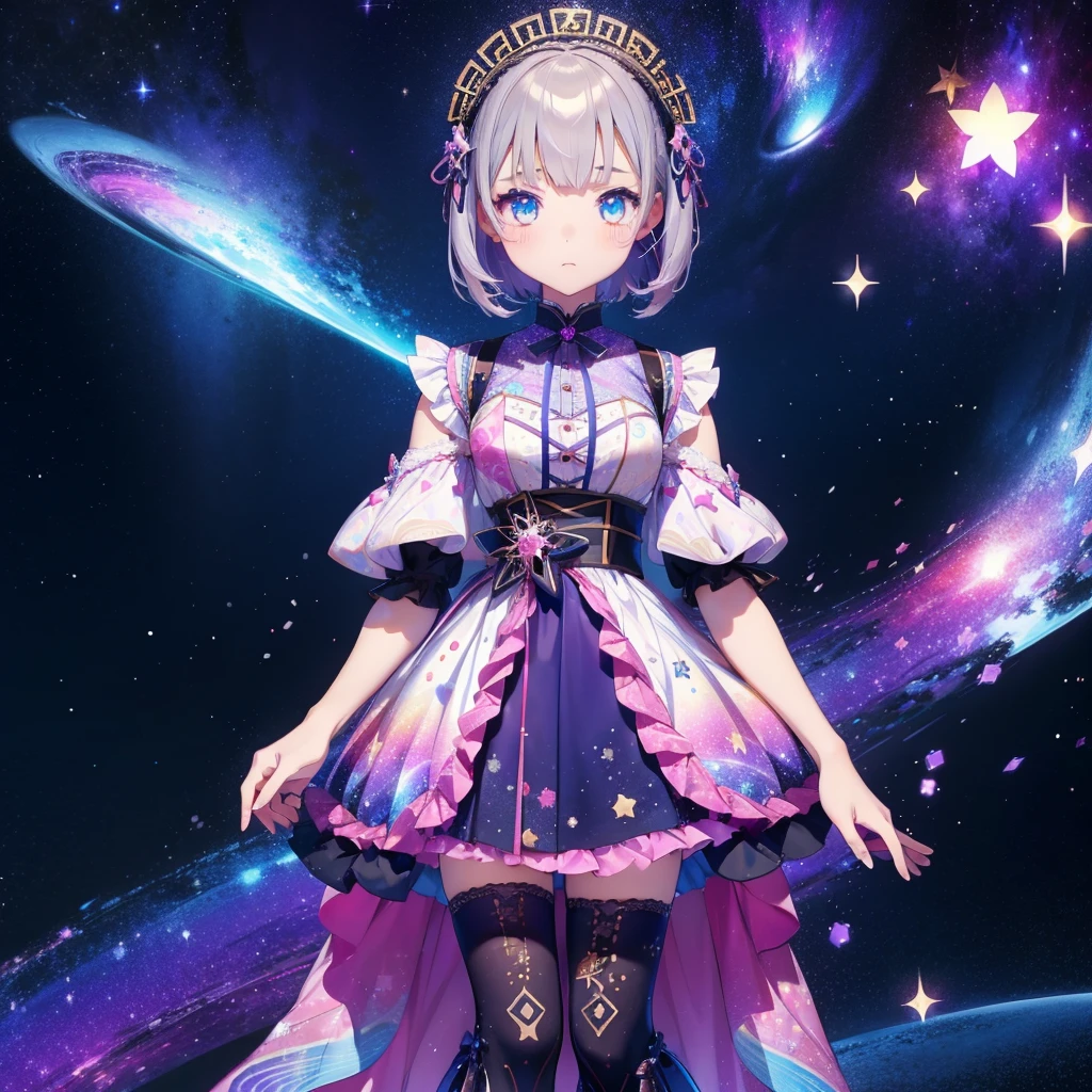 1girl、vtuber-fullbody、Star Fairy、「A beautifully printed galaxy patterned kimono and gothic ****ta outfit.、Space pattern box pleated mini skirt with ruffles、Front full body portrait、enchanting eyes、Perfect and stunning face、exquisite details、clear image、highest quality。」short hair、