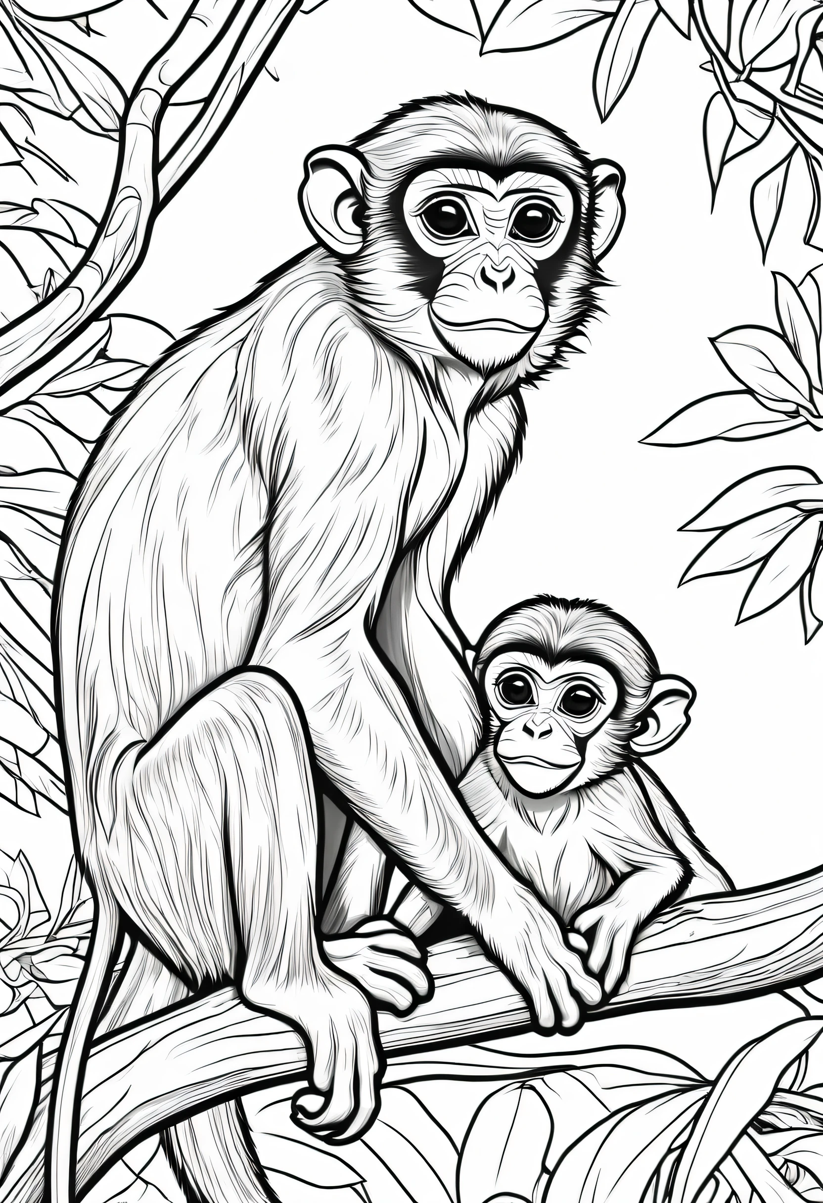 coloring page for , vervet monkeys with a babyvet monkey in a tree in the Africa bush, cartoon style, thick lines