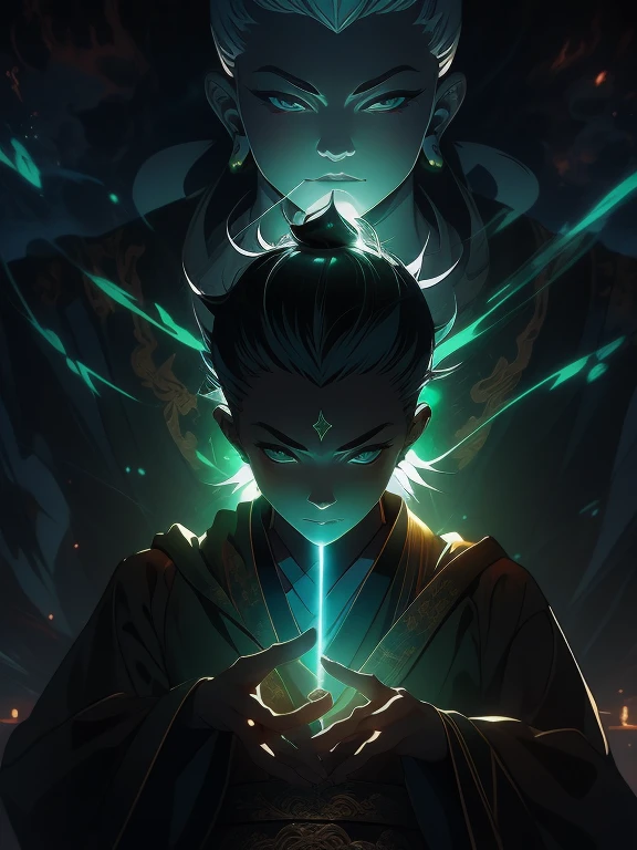 Chinese mythology,The little Taoist monk looked at me,(Wide robe),(the space),(He stood in front of a huge transparent green light Buddha statue。。。。。。。。。。。:1.4),(cleanness:1.4),green color,Stretch your hands,swords drawn,Tyndall effect,Glow effects,Anime art style,Romantic graffiti,Meticulous,Realism is popular, New Fauvist style,Knolling,8K,tmasterpiece,super-fine,best qualtiy,8K, Yes,tmasterpiece,Works of masters,Detailed pubic hair,Accurate,Epic shooting,(Look up at the perspective:1.5)