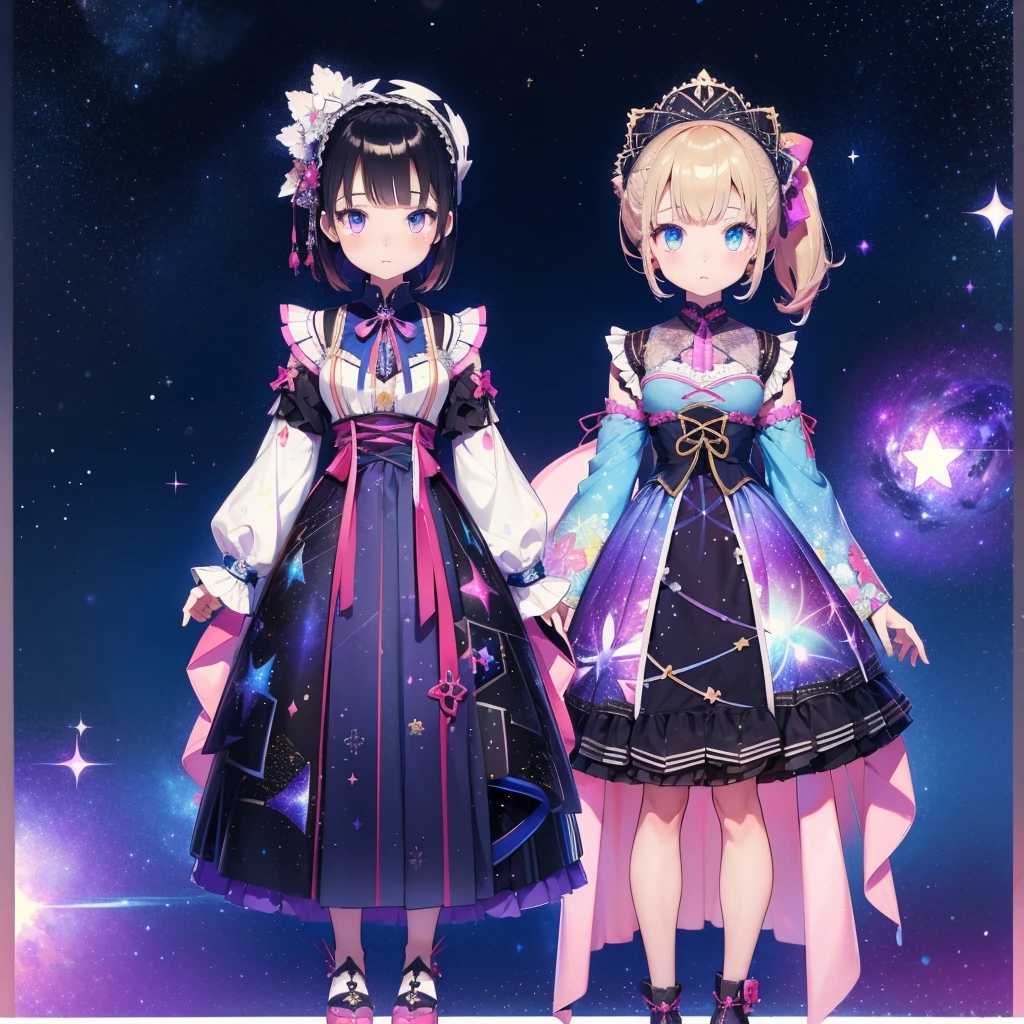 1girl、vtuber-fullbody、Star Fairy、「A beautifully printed galaxy patterned kimono and gothic lolita outfit.、Space pattern box pleated mini skirt with ruffles、Front full body portrait、enchanting eyes、Perfect and stunning face、exquisite details、clear image、highest quality。」short hair、