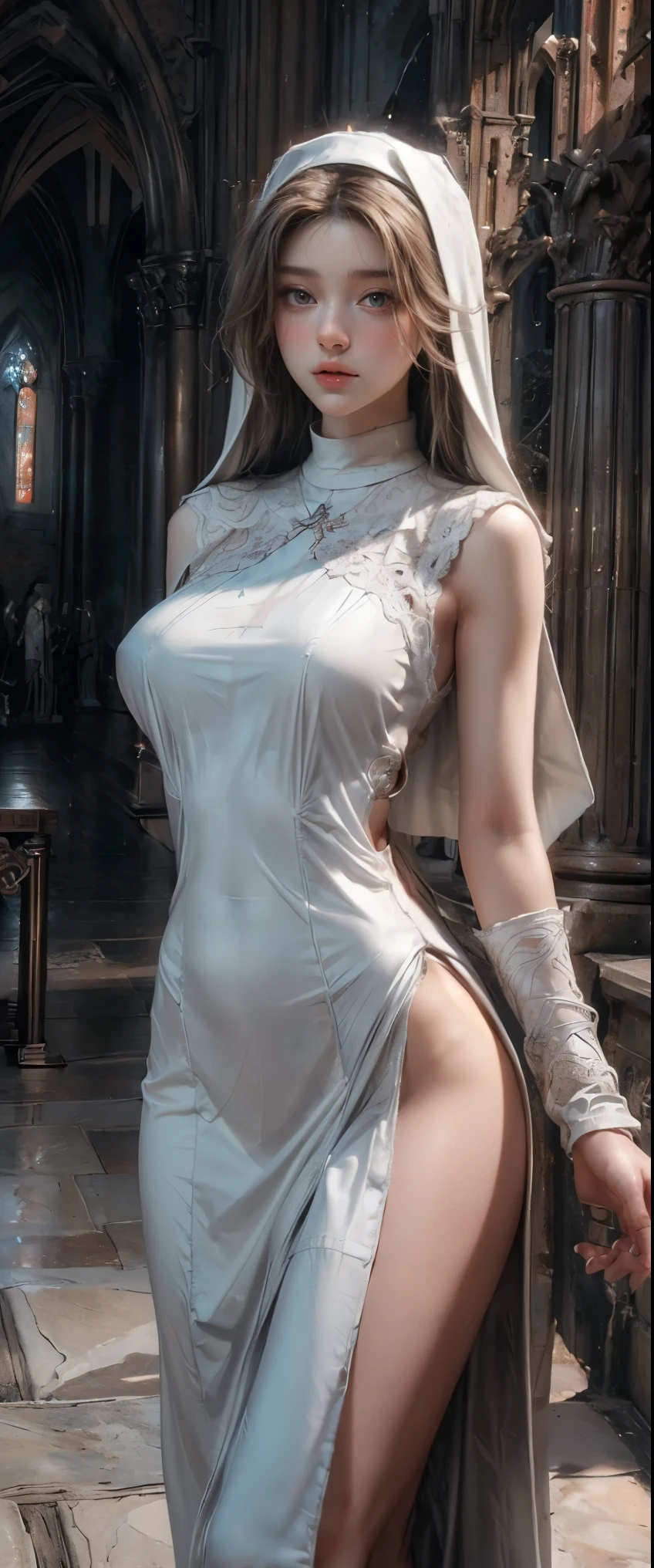 ((masterpiece, highest quality, Highest image quality, High resolution, photorealistic, Raw photo, 8K)), ((Extremely detailed CG unified 8k wallpaper)), (huge stunning goddess shot, very hot and sexy, jaw-dropping beauty, perfect proportions, beautiful body, slim body beauty:1.4), Medieval church, brick walls, young nun crying for the camera, ((nun, wearing white nun's outfit, no skin showing, intricate detailing:1.3)), white saint, She holds up a saber,