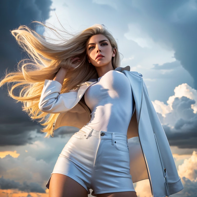 hyper-realistic, mega luxurious wind woman, full height, close-up, dynamic pose controls a tornado, long white hair, white eyes. standing in the center of a tornado, openly dressed in leather white shorts and a jacket, ample breasts, white stockings, realistic face, leather, tornado in a stormy sky
